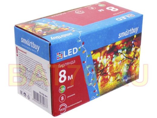 LED Гирлянда Smartbuy с контроллером, RGB, 8м, 120 диодов, IP20, прозрачный провод (SB-RGB-8m)