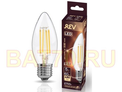 Светодиодная лампа  REV FILAMENT свеча C37 E27 5W, 2700K, DECO Premium теплый свет