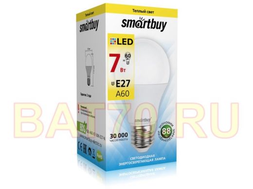 Светодиодная лампа A60 Е27  7W 3000K  Smartbuy-A60-07W/3000/E27