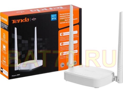 .TENDA N301 WiFi маршрутизатор, 2.4GHz,WLAN300Mbps,802.11bgn+3xLAN RG45 10/100+1xWAN,2x5dBi Antenna